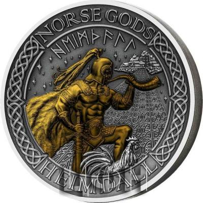«1 Dollar HEIMDALL Norse Gods Gold Plating 2 Oz Silver Coin 1$ Cook Islands 2022 Antique Finish».jpg
