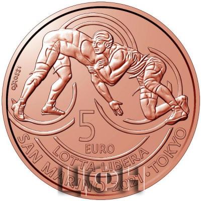 «Copper €5 FDC coin - Victory in freestyle wrestling in Tokyo.».jpg