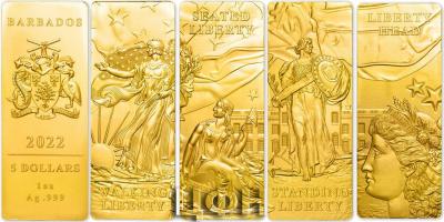 «5 Dollars LADY LIBERTY Gold Plated Set 4x1 Oz Silver Coins 5$ Barbados 2022 Prooflike».jpg