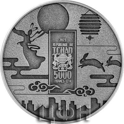 «CHANG ER AND THE JADE RABBIT 1 Oz Silver Coin 5000 Francs Chad 2023 Antique Finish.».JPG