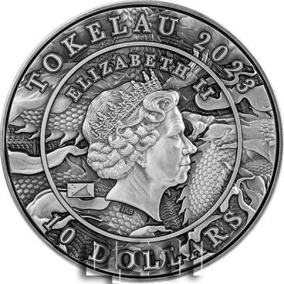 «10 Dollars CHINESE DRAGON AND RABBIT Auspicious Dragon Zodiac 2 Oz Silver Coin 10$ Tokelau 2023 Antique Finish».jpg