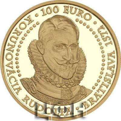 «€100 gold collector euro coin Bratislava coronations – 450th anniversary of the coronation of Rudolf».jpg