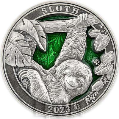 «5 Dollars SLOTH Colours of Wildlife 3 Oz Silver Coin 5$ Barbados 2023 Antique Finish».jpg