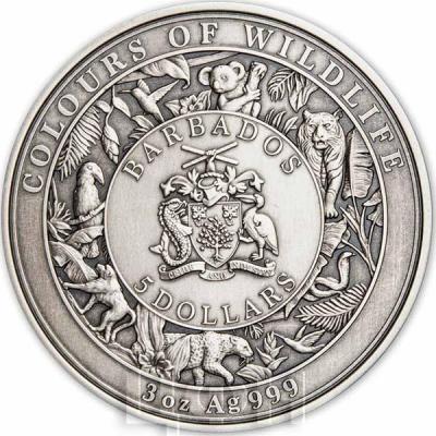«5 Dollars SLOTH Colours of Wildlife 3 Oz Silver Coin 5$ Barbados Antique Finish».jpg