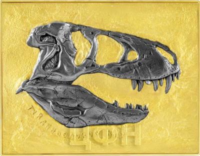 «TYRANNOSAURUS REX FOSSIL 15 OZ (1OZ SILVER + 14OZ CU) SILVER GOLD PLATED COIN 5000 FRANCS TCHAD 2023».jpg