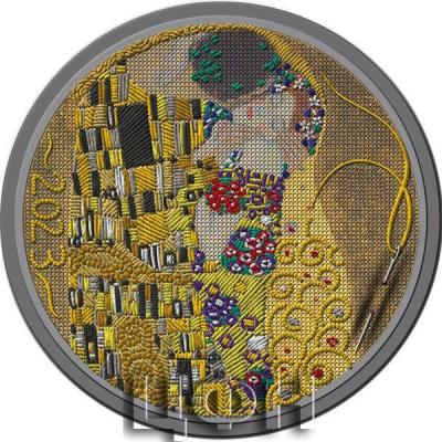 «Palau 2023 20$ KISS Gustav Klimt Fine Embroidery Art 3 Oz Silver Coin».jpg