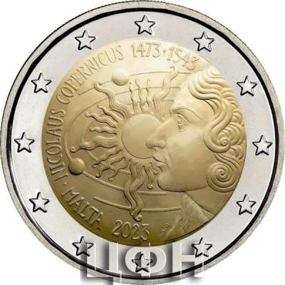 «2023, Мальта 2 евро, памятная монета «550 лет со дня рождения Николая Коперника».jpg