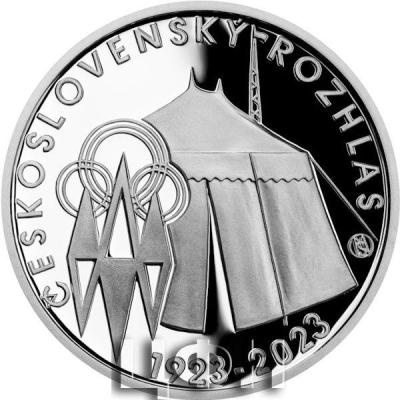 «Stříbrná mince 200 Kč Zahájení pravidelného vysílání Československého rozhlasu 100. výročí 2023 proof».jpg