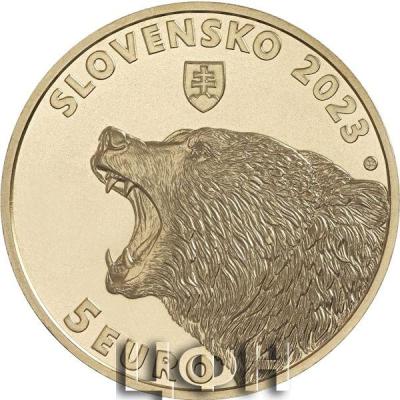 «Zberateľská eurominca z obyčajných kovov v nominálnej hodnote 5 eur s tematikou Fauna a flóra na Slovensku – medveď hnedý».jpg