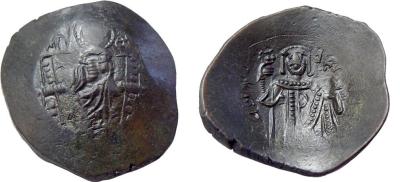 Latin Rulers of Constantinople and Thessalonika, 1204-1261 AD, AE Trachy  Large module  Obverse- Manuel standing facing, holding scepter and akakia  Reverse- Virgin enthroned facing  Weight- 4.0 g  Diameter- 26 mm Dochev, Table X, 1ob.jpg