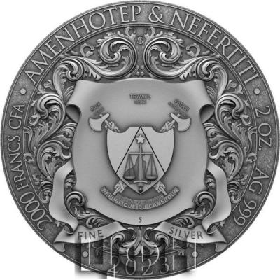 AMENHOTEP AND NEFERTITI 2 Oz Silver Coin 2000 Francs Cameroon 2023 Antique Finish (2).jpg
