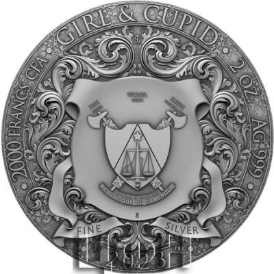 GIRL AND CUPID 2 Oz Silver Coin 2000 Francs Cameroon 2023 Antique Finish.jpg