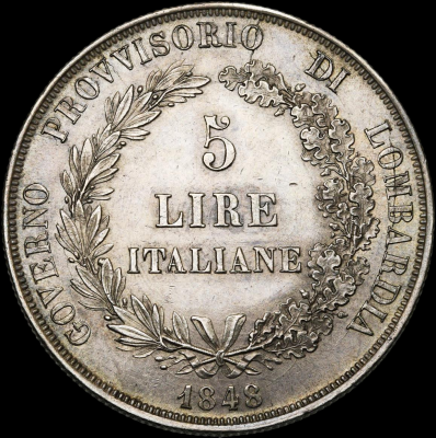 03-22-1848 ITALIE, LOMBARDIE, Gouvernement révolutionnaire provisoire (1848), AR 5 lire 1848 M Milan Пять дней Милана-1-Photoroom.png