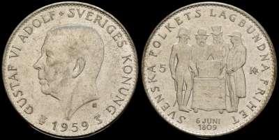 06-06-1809 Svezia - Gustaf VI Adolf (1950-1973) - 5 Kronor 1959 - 150° anniversario della Costituzione svedese - Ag - KM#830-Photoroom.png