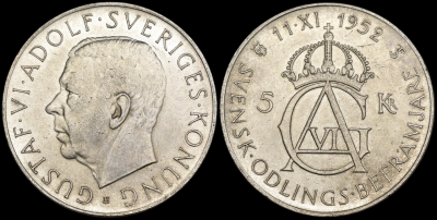 11-11-1882 р.Svezia - Gustaf VI Adolf (1950-1973) - 5 Kronor 1952 - 70° Anniversario della nascita di Gustavo VI Adolfo - Ag .400 - KM#828-Photoroom.png