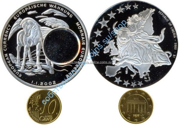 Либерия-в монету вставлена 10 евроцентов Германии